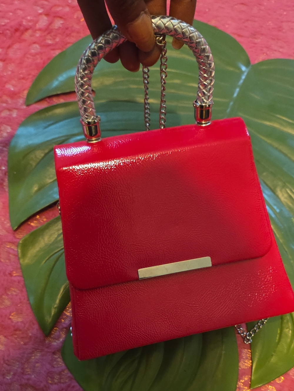 Red Structured Top-Handle Bag with Chain Strap